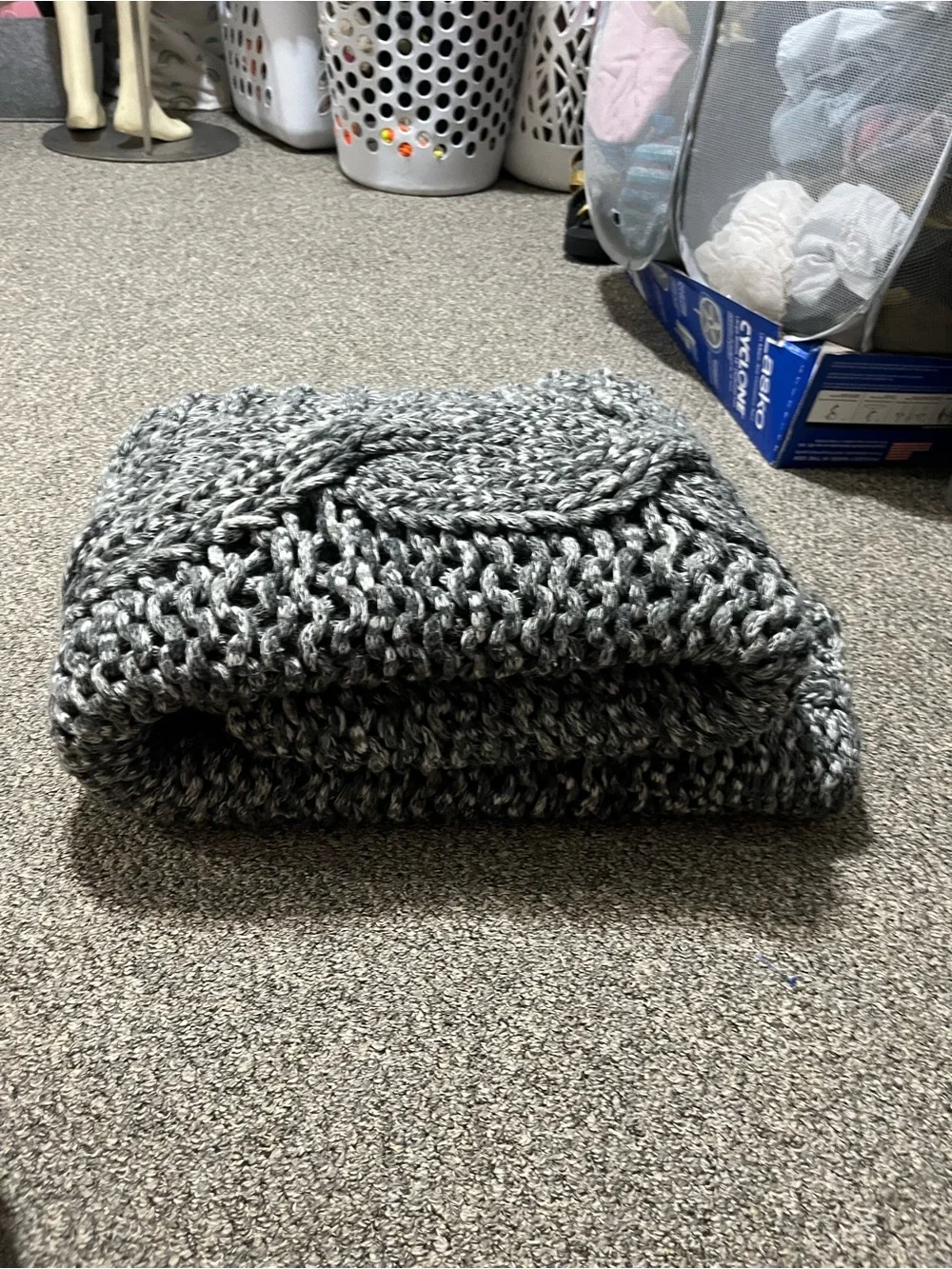 Pottery Barn Chunky Thick Throw Blanket Open Weave Knit Crochet Charcoal Marled